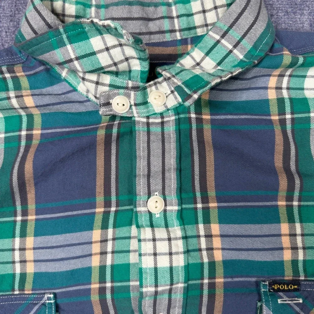 Polo Ralph Lauren Mens XXL Green Navy Blue Plaid Flannel Classic Fit Shirt